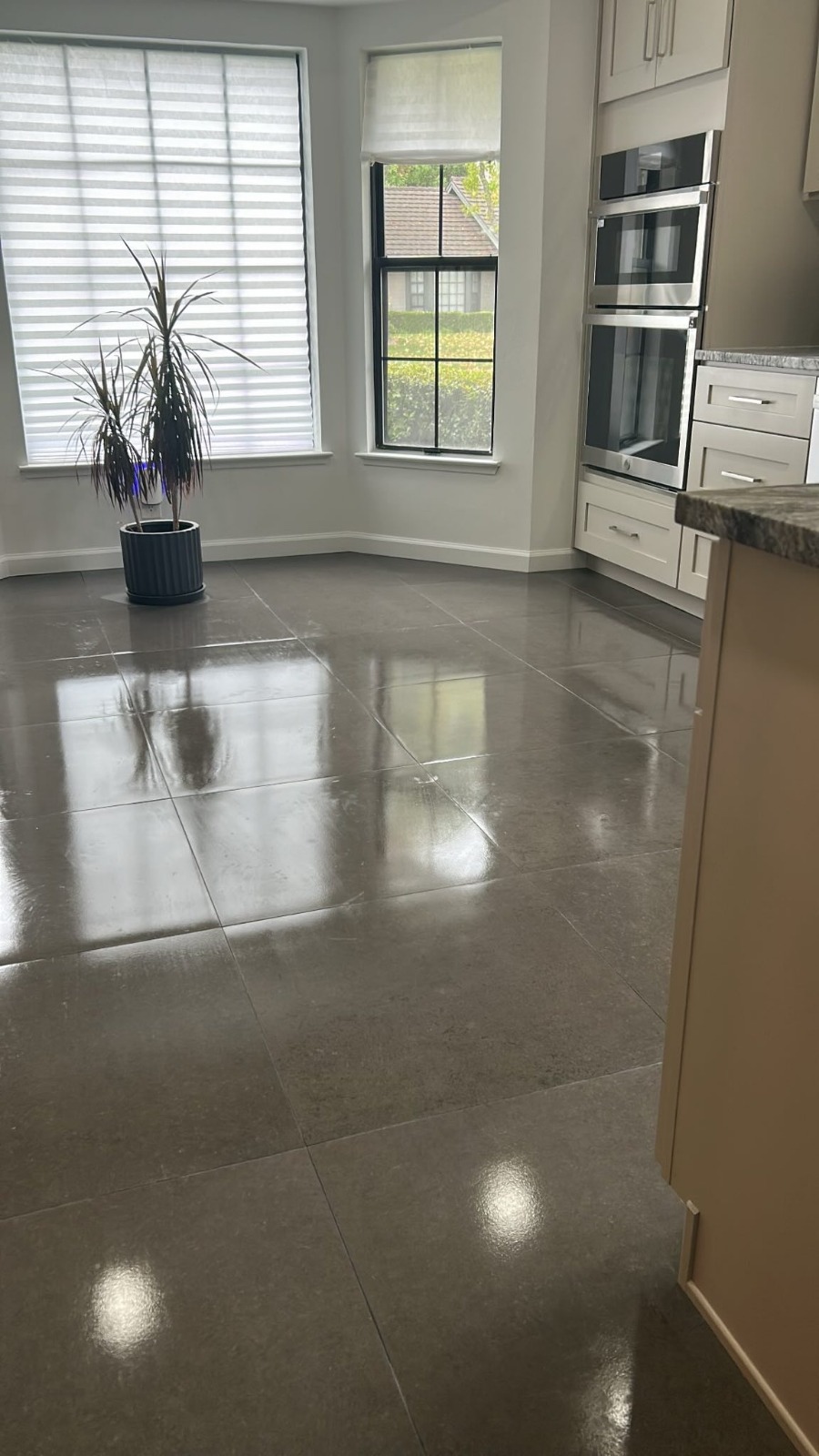 Bright open kitchen with gleaming floor