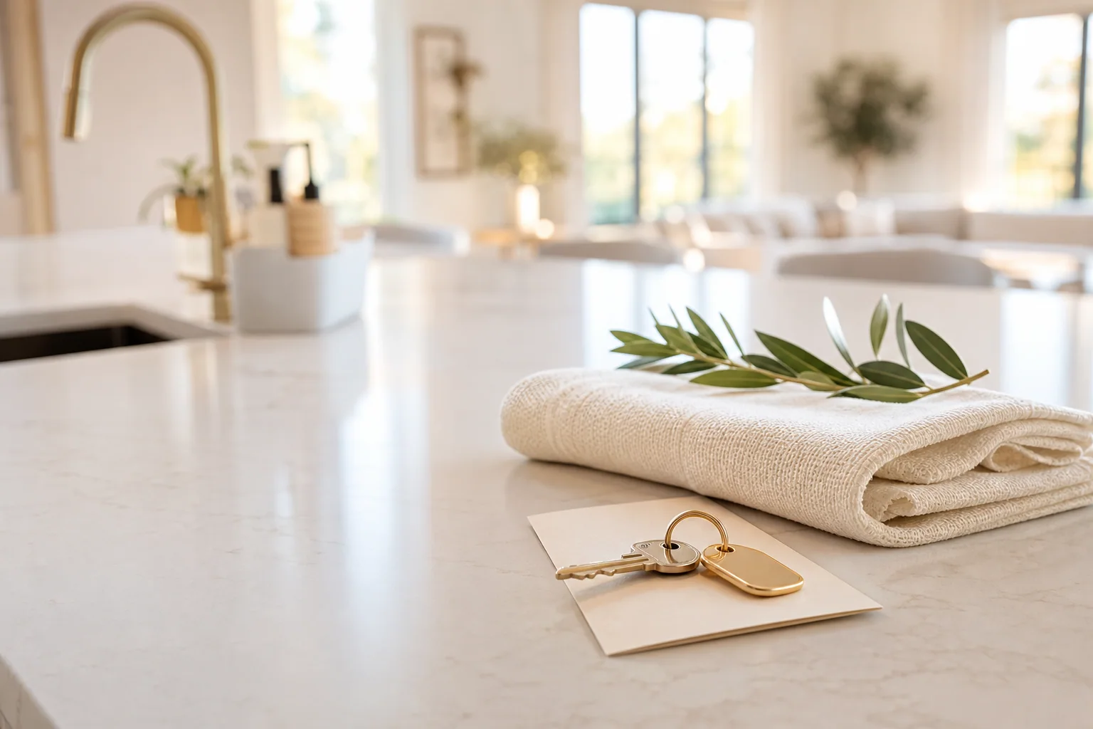 House keys and a fresh handoff inside a professionally prepared home