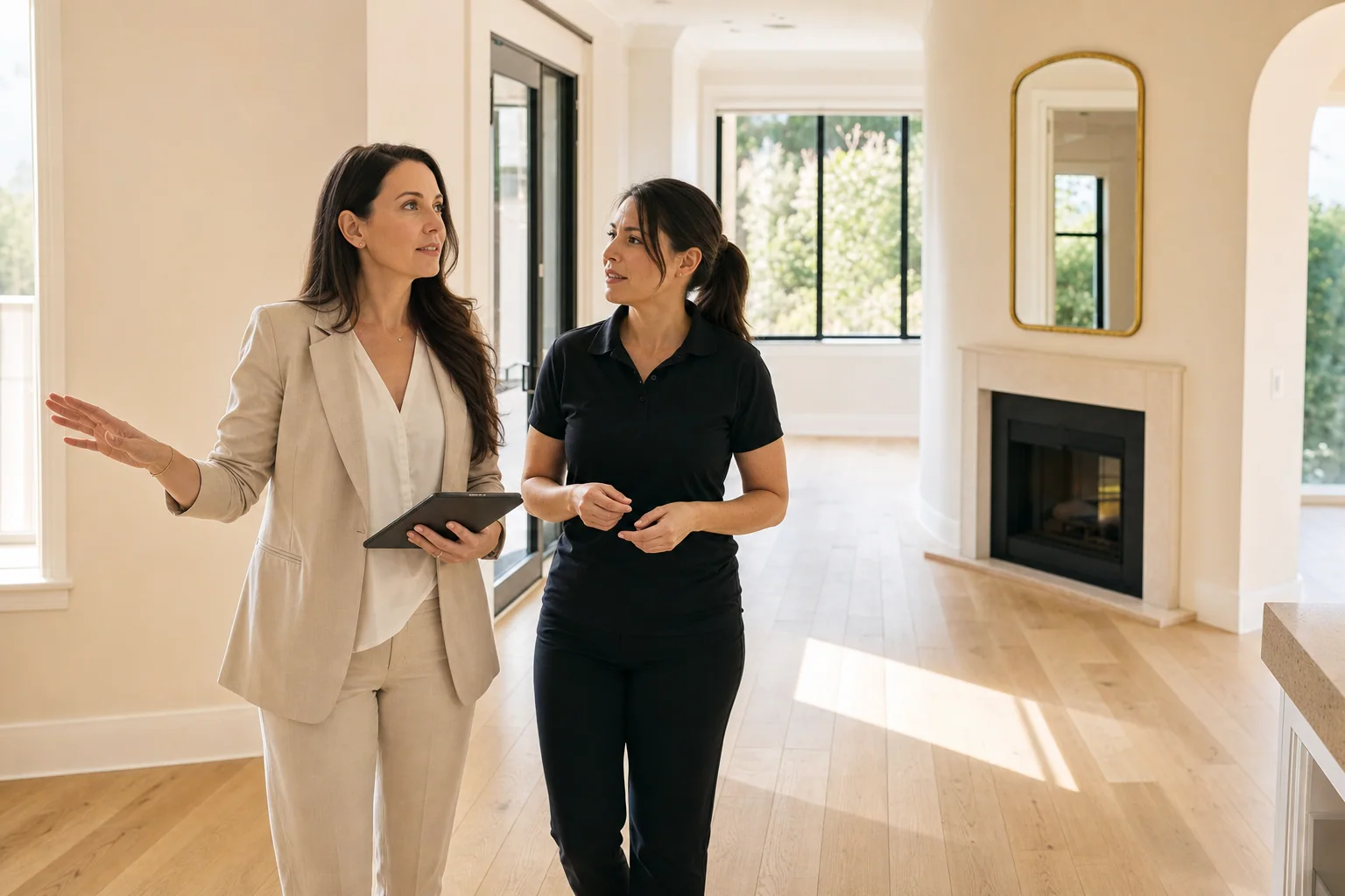 Real estate agent and cleaning coordinator walking through a property together